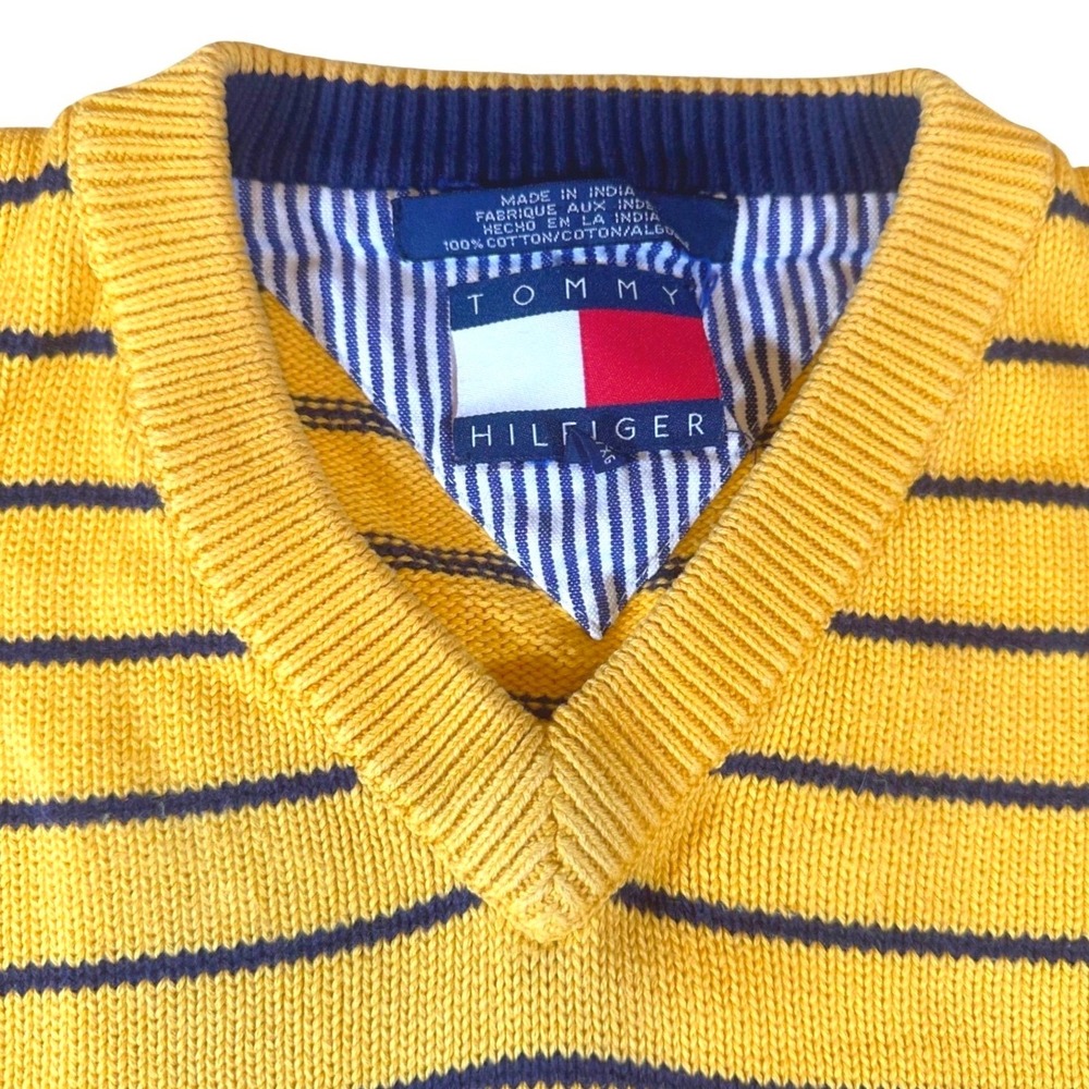 Vintage 90's Y2K Tommy Hilfiger V-Neck Knit Sweater XL Stripe Preppy Academia - Picture 2 of 6